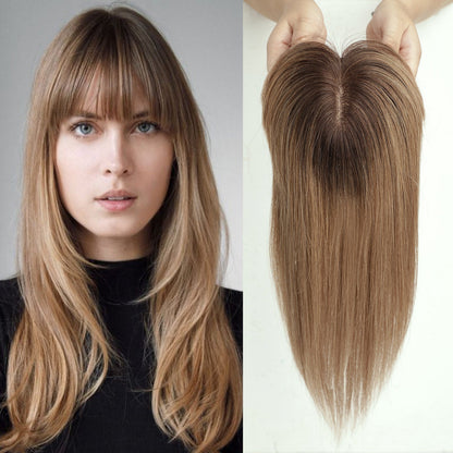Luxury 100% Remy Human Hair Topper – Breathable Silk Base Hairpiece with Bangs for Seamless Volume