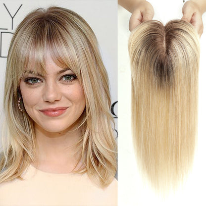 Luxury 100% Remy Human Hair Topper – Breathable Silk Base Hairpiece with Bangs for Seamless Volume