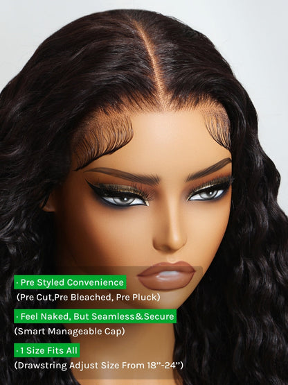 No-Slip Cap Glueless Lace Water Wave Wig Put On & Go Human Hair Wig with Baby Hair Lightweight & Breathable