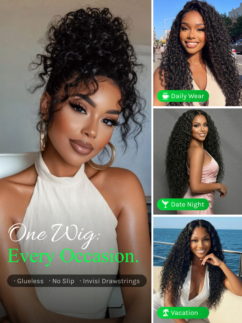 No-Slip Cap Glueless Lace Water Wave Wig Put On & Go Human Hair Wig with Baby Hair Lightweight & Breathable
