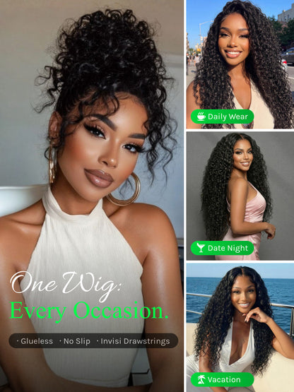 No-Slip Cap Glueless Lace Water Wave Wig Put On & Go Human Hair Wig with Baby Hair Lightweight & Breathable
