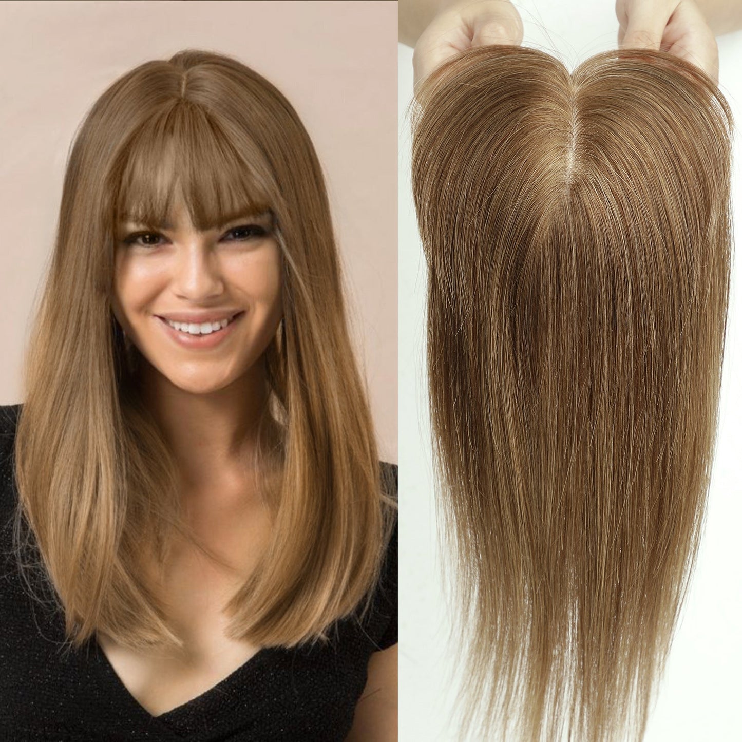Luxury 100% Remy Human Hair Topper – Breathable Silk Base Hairpiece with Bangs for Seamless Volume