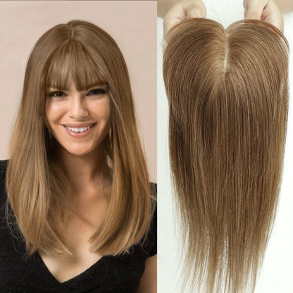 Luxury 100% Remy Human Hair Topper – Breathable Silk Base Hairpiece with Bangs for Seamless Volume
