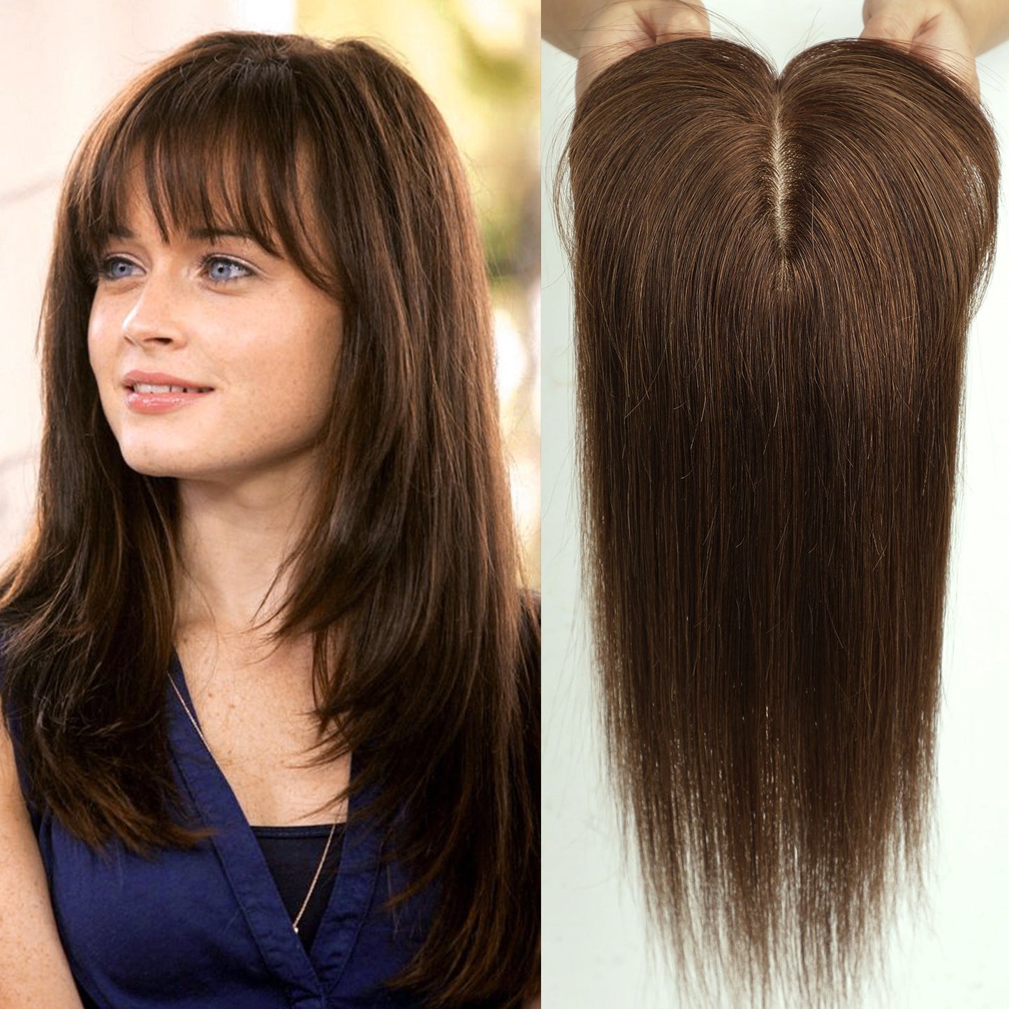 Luxury 100% Remy Human Hair Topper – Breathable Silk Base Hairpiece with Bangs for Seamless Volume