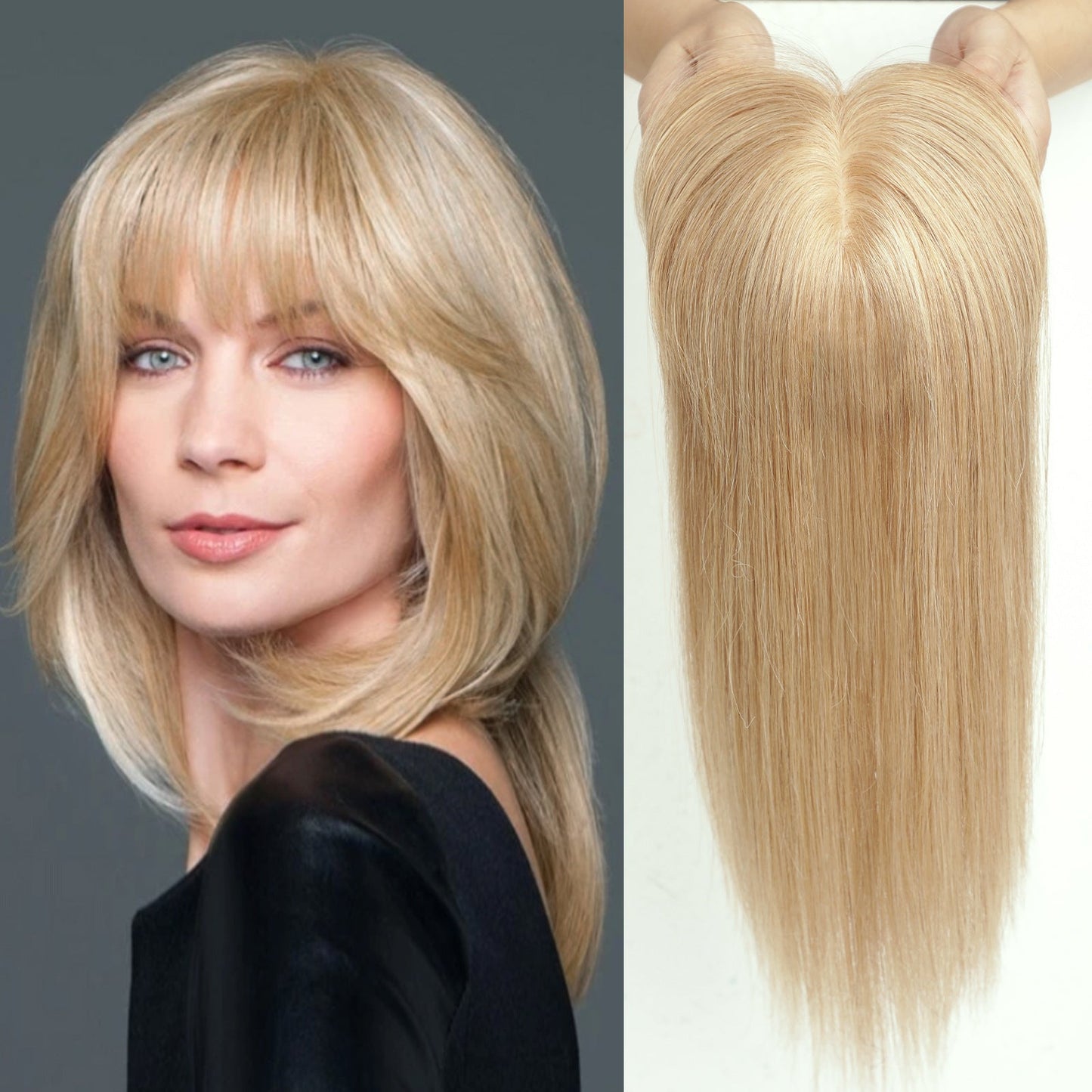 Luxury 100% Remy Human Hair Topper – Breathable Silk Base Hairpiece with Bangs for Seamless Volume