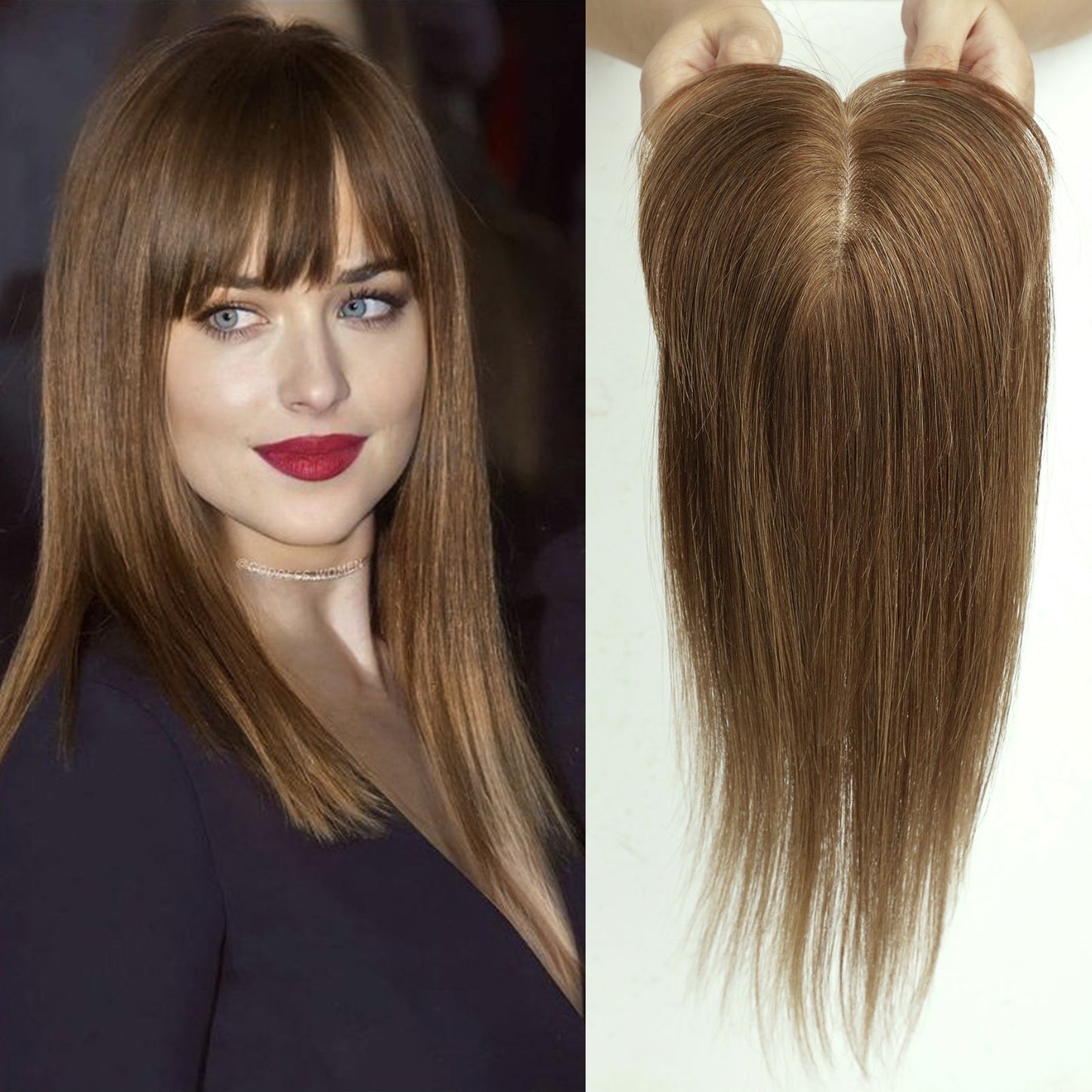 Luxury 100% Remy Human Hair Topper – Breathable Silk Base Hairpiece with Bangs for Seamless Volume