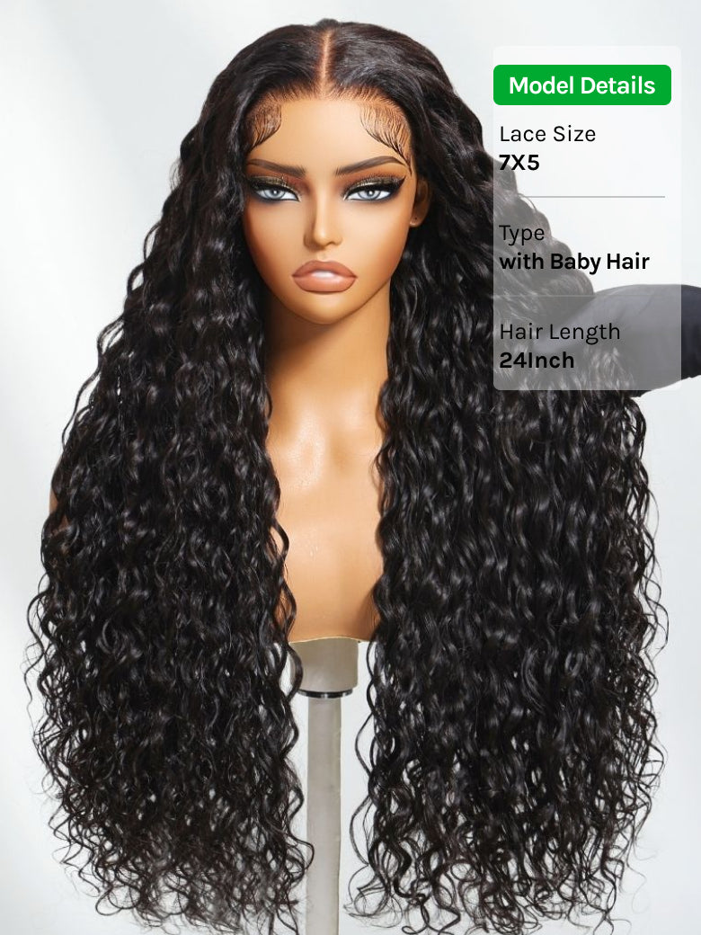 No-Slip Cap Glueless Lace Water Wave Wig Put On & Go Human Hair Wig with Baby Hair Lightweight & Breathable