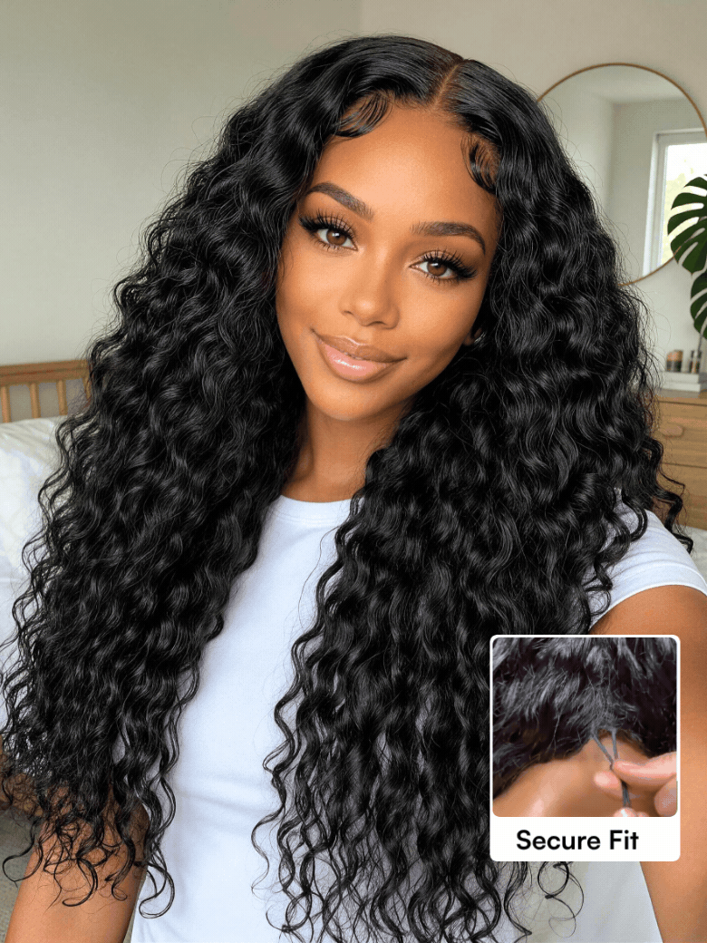 No-Slip Cap Glueless Lace Water Wave Wig Put On & Go Human Hair Wig with Baby Hair Lightweight & Breathable